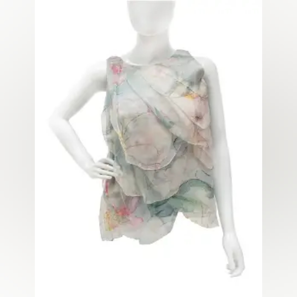 Chanel 2013 multicolor floral print ruffle silk blouse